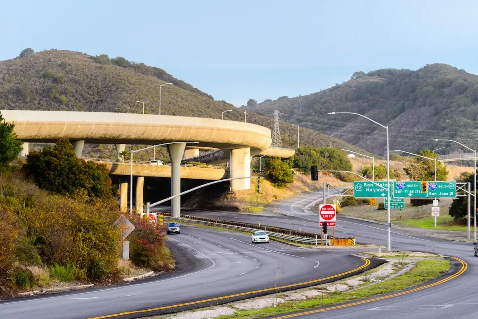 Freeway in San Mateo, California with overpass.
